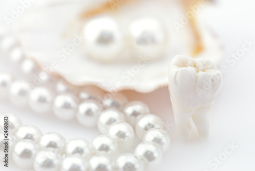 Healthy teeth concept. Real human wisdom tooth and natural pearl