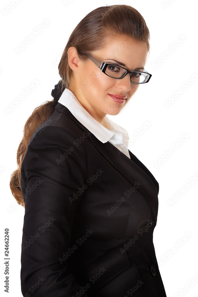 smiling modern business woman with eyeglasses isolated on white smiling modern business woman with eyeglasses isolated on white