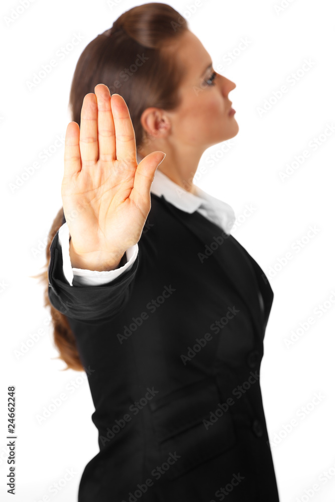 modern business woman showing stop gesture isolated on white modern business woman showing stop gesture isolated on white