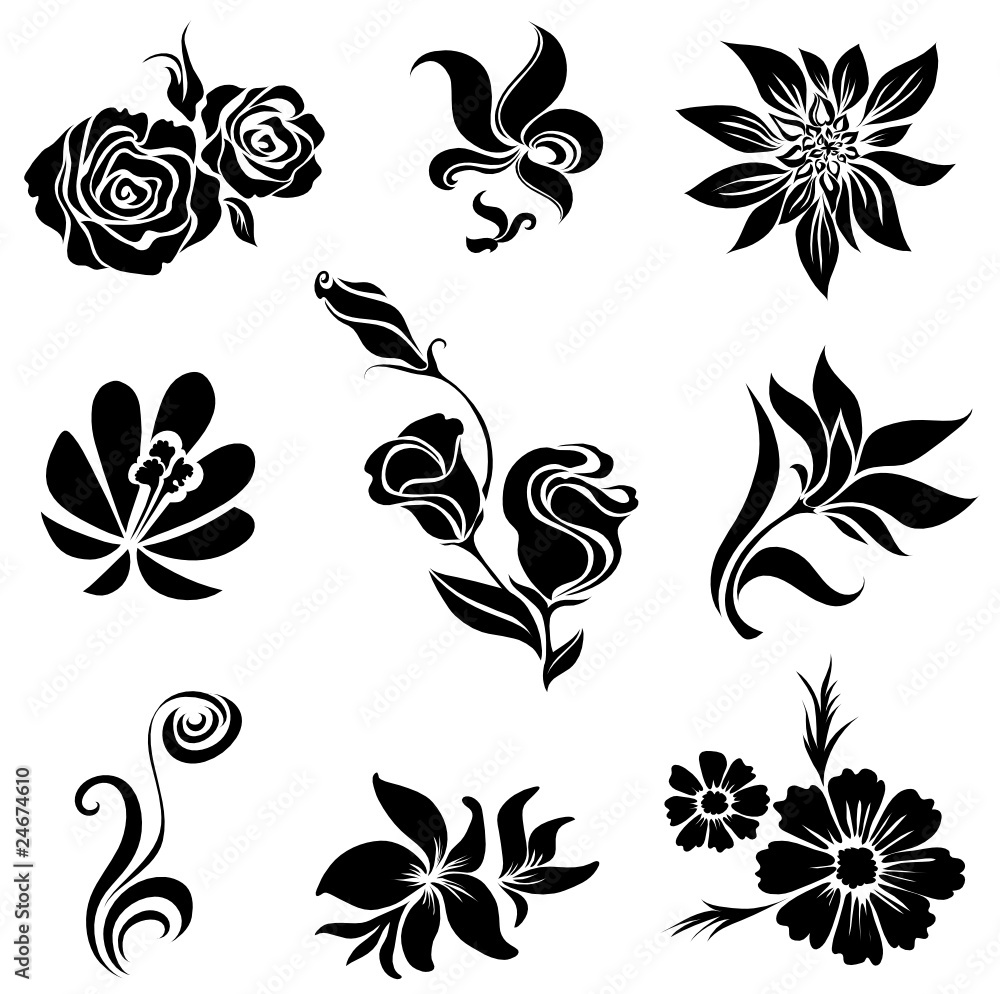 Set of black flower design elements Set of black flower design elements