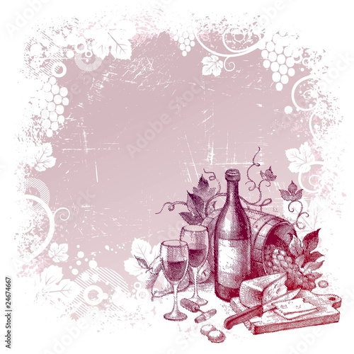 Vector grunge background with vintage wine still life