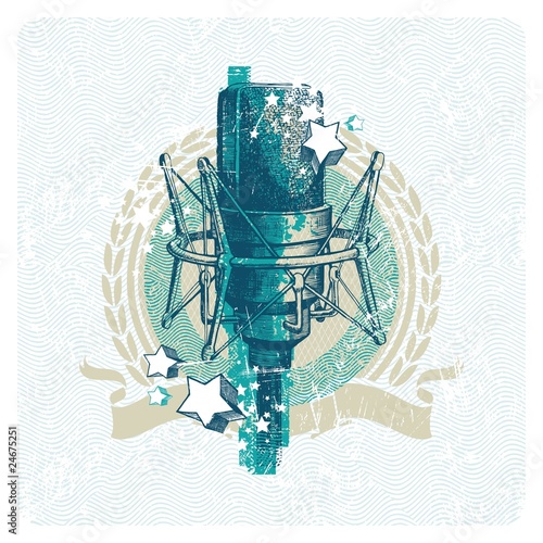 Musical emblem with hand drawn studio condenser microphone
