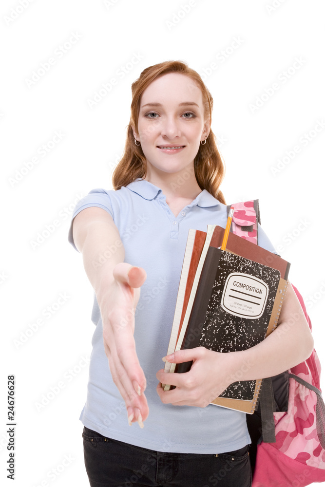 friendly greeting Caucasian college student with backpack