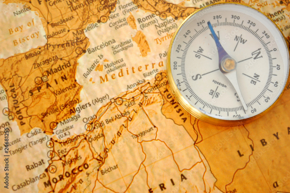 Compass on a map Compass on a map