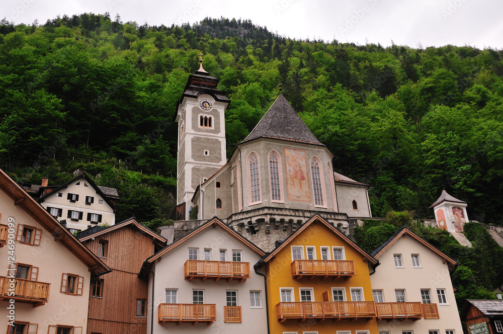Famous churches on hillside of Hallstatt