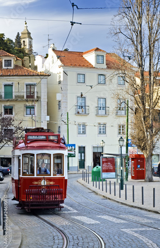 Vintage old Red Tram in lisbon, Portugal