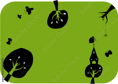 Trees, church, birds & butterflies