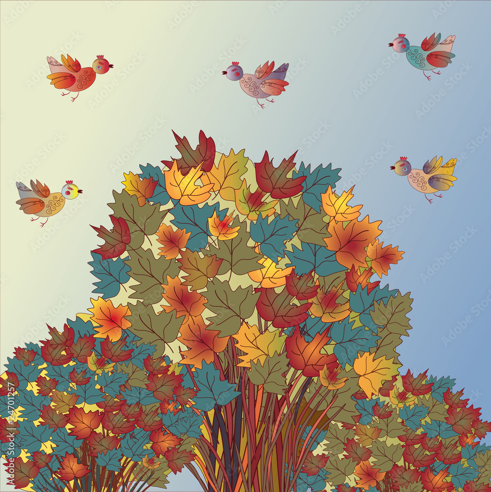 Fototapeta premium Autumn background with trees and birds