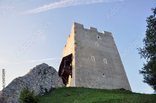 Aerial evening view over Celje Castle tower