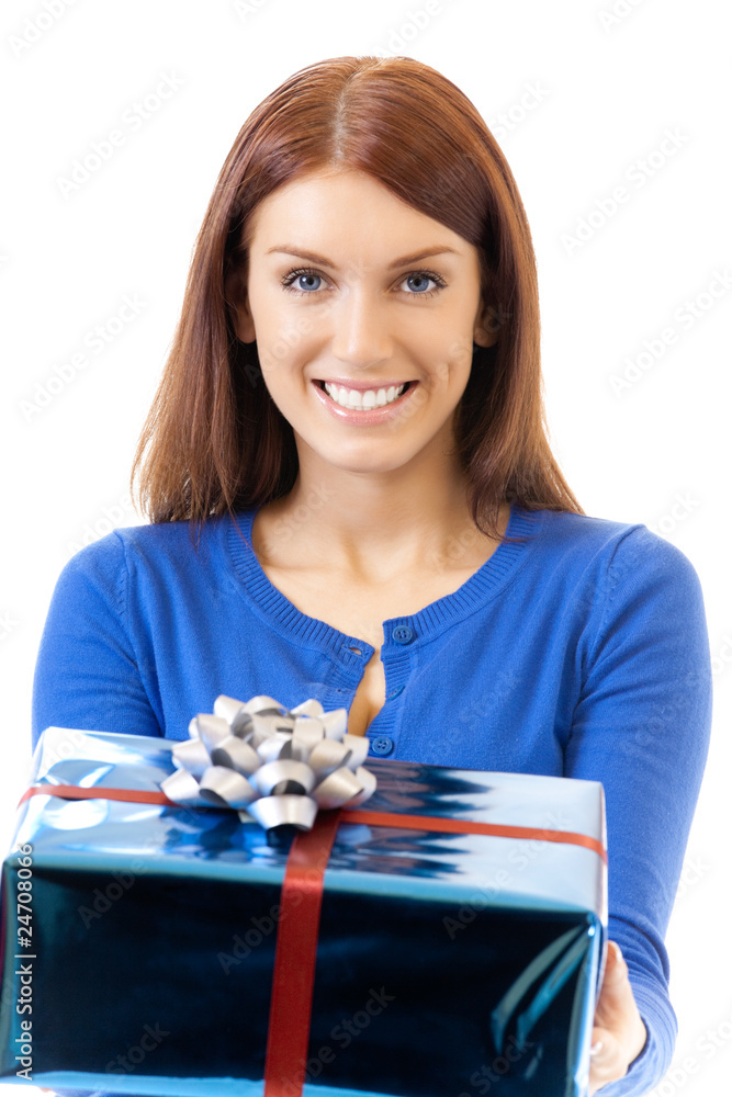Young smiling woman with gift, isolated on white