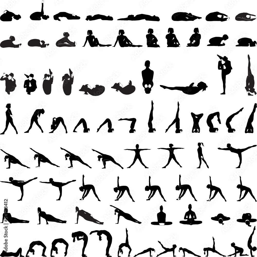 Various yoga postures silhouettes vector--