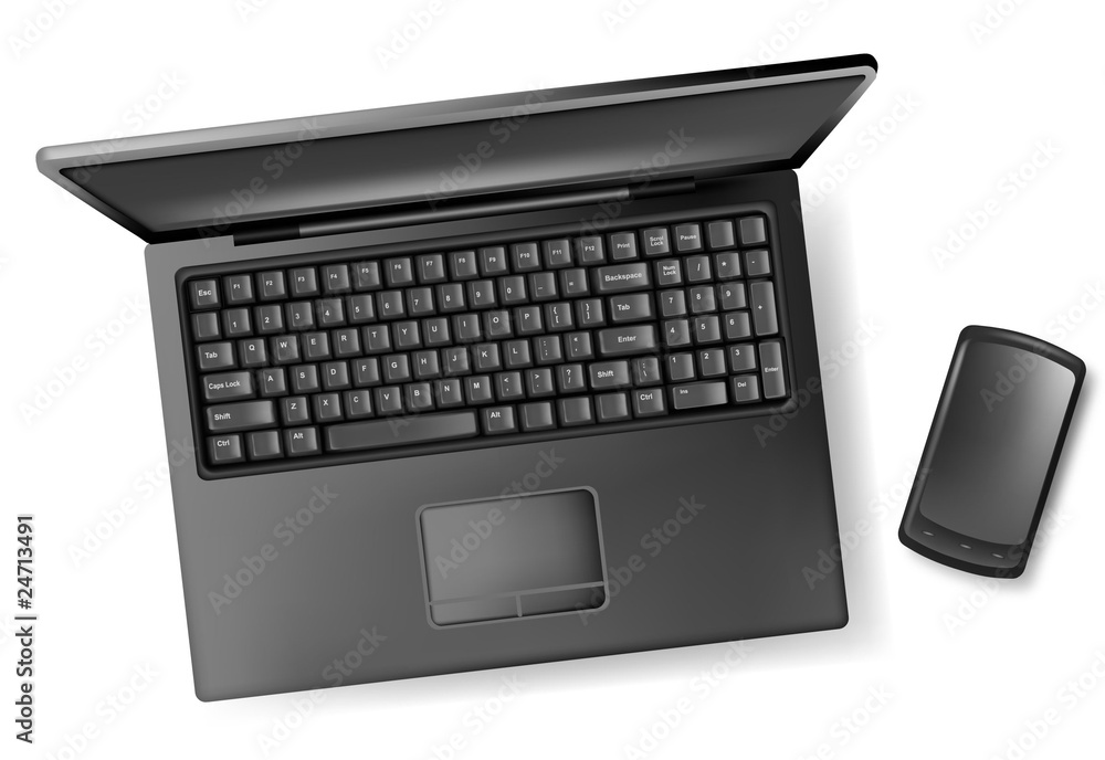 Black design notebook (laptop) and a phone. Vector.