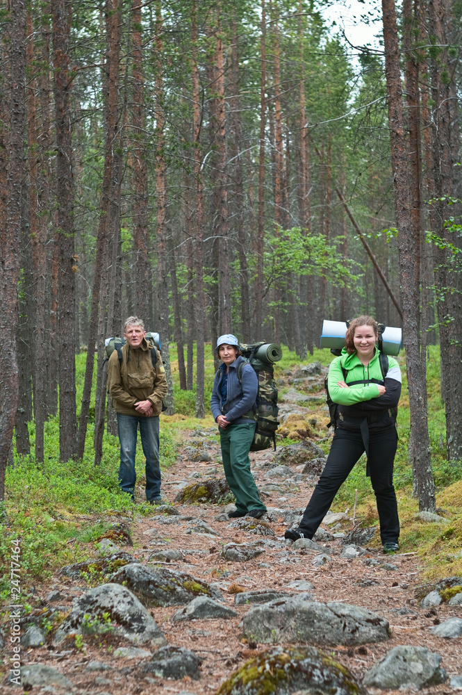 Group of travelers trekking in forest with knapsacks