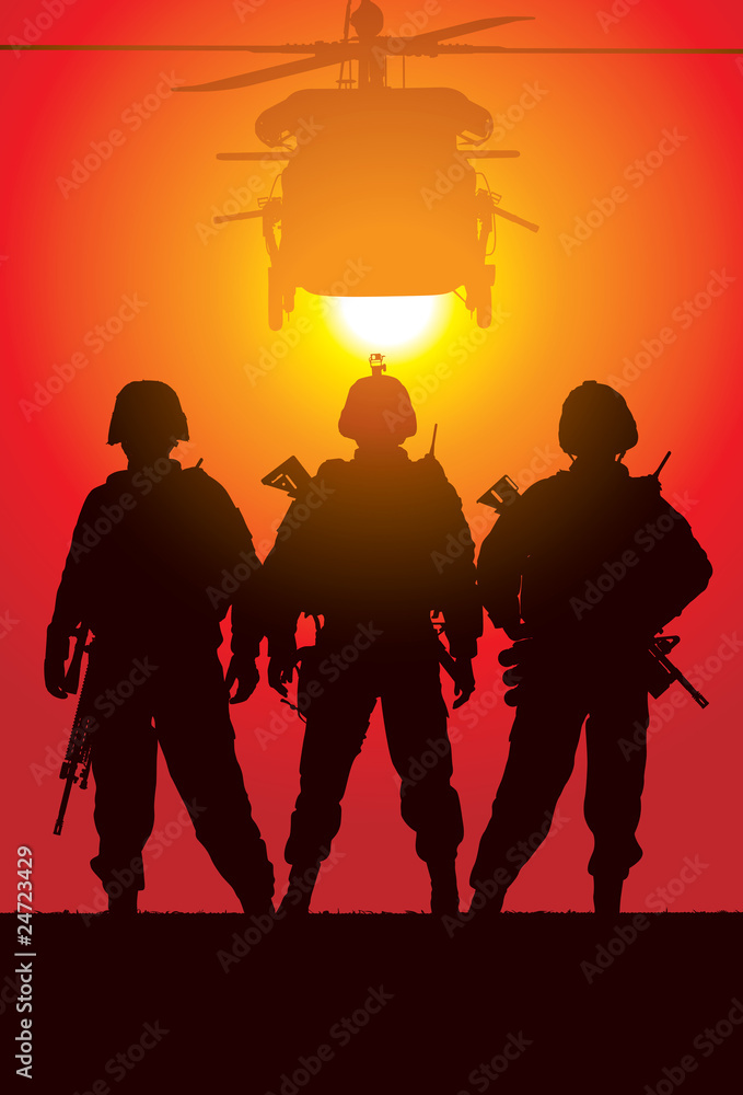 Vector silhouette of tree soldiers with helicopter