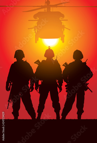 Vector silhouette of tree soldiers with helicopter