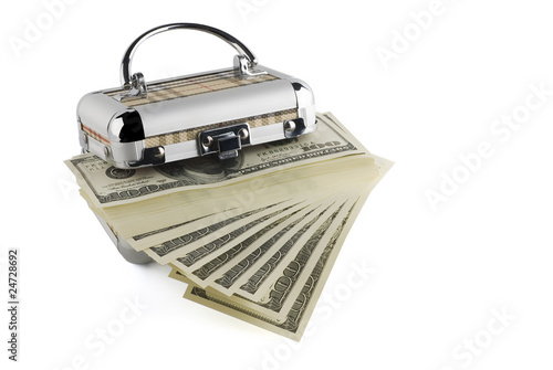 One hundred dollar bills in a box on a white background