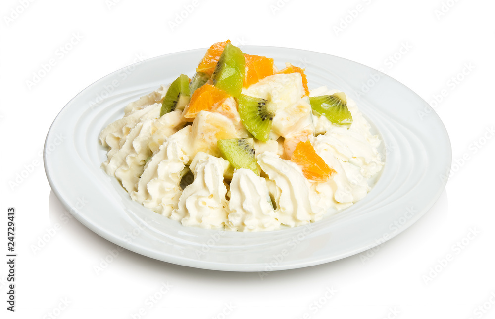 Whipped cream dessert with kiwi, orange and banana