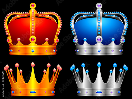 Golden and silver crowns decorated with jewels.
