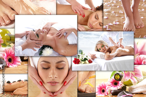A collage of spa treatment images with young women