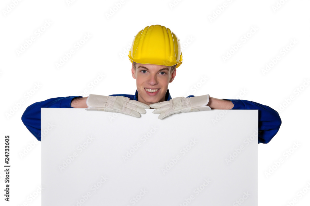 Lehrling / Azubi als Handwerker mit leerer Tafel Lehrling / Azubi als Handwerker mit leerer Tafel