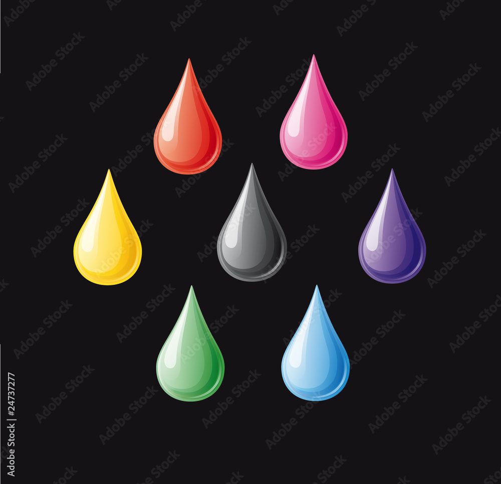 7 verschiedene Farbiropfen vor schwarz