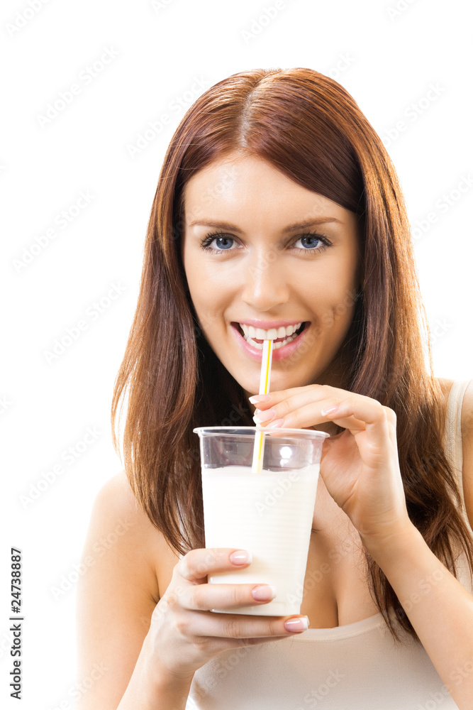 Portrait of young woman drinking milk, isolated on white Portrait of young woman drinking milk, isolated on white