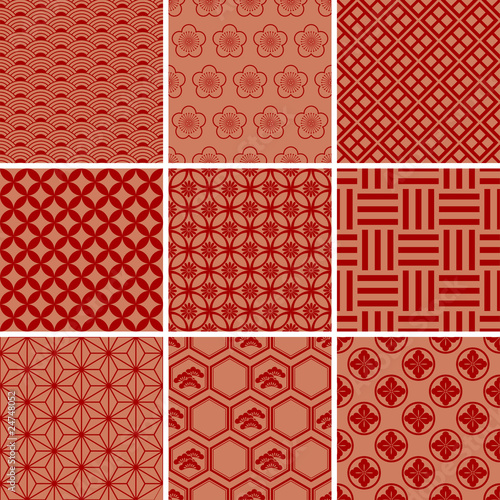Seamless japanese traditional red patterns set