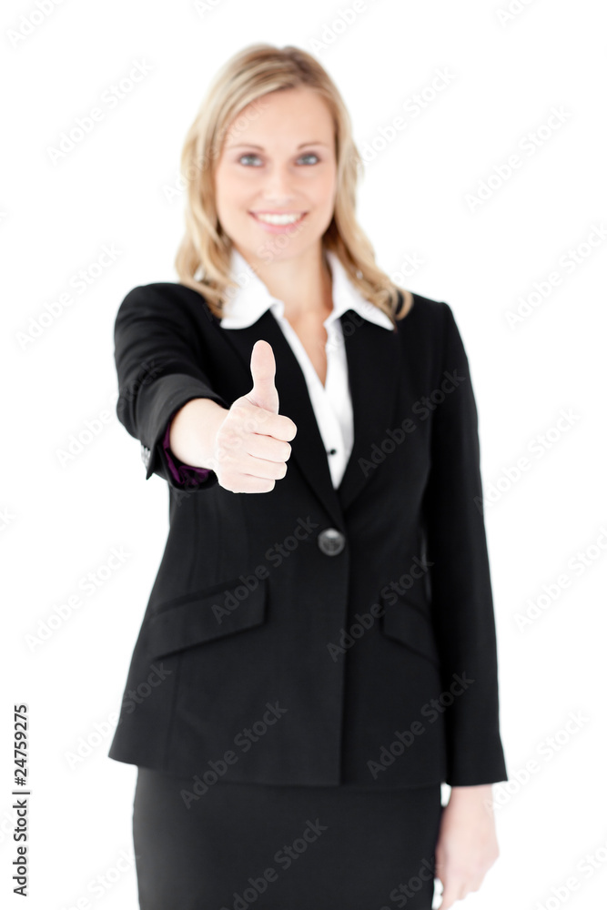 Positive caucasian businesswoman with thumb up Positive caucasian businesswoman with thumb up