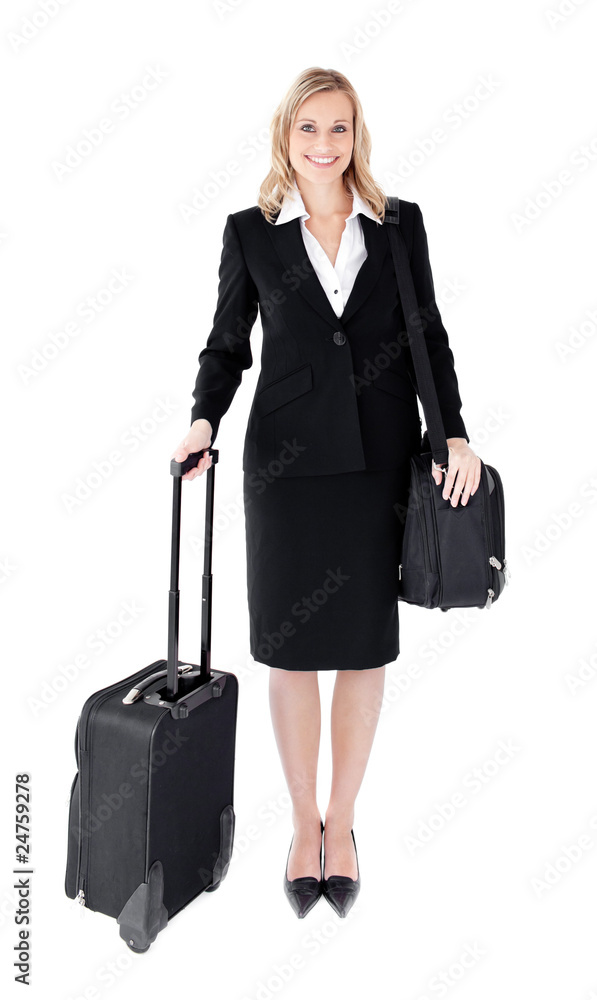 Smiling young businesswoman holding a suitcase Smiling young businesswoman holding a suitcase