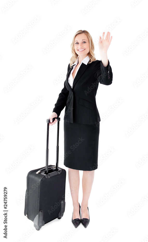 Delighted young businesswoman waving at the camera Delighted young businesswoman waving at the camera
