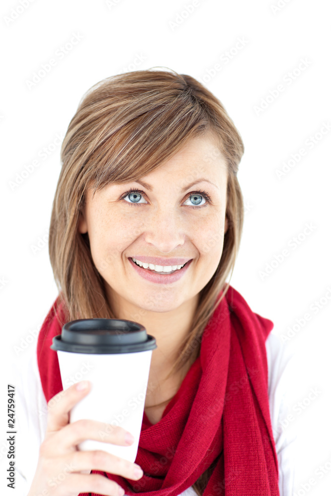 Positive woman holding a coffee wearing a scarf Positive woman holding a coffee wearing a scarf