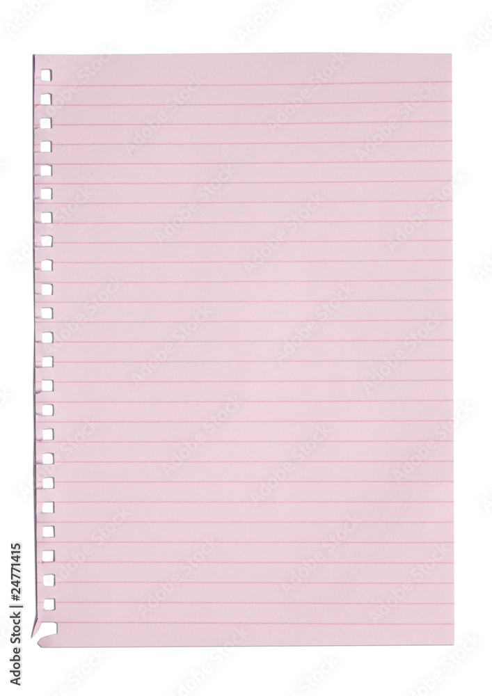 empty sheet of pink paper from a notebook in isolated empty sheet of pink paper from a notebook in isolated