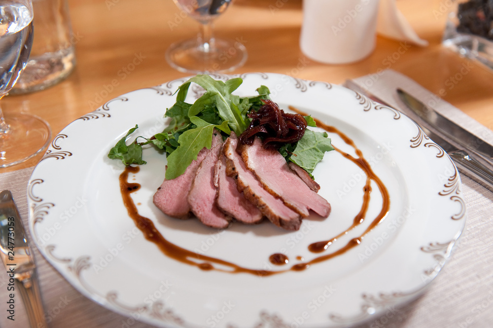 smoked duck breast with pickled red onions and fresh herbs
