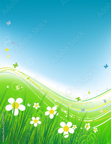 Green field with butterflies, summer background