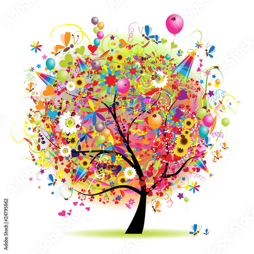 Happy holiday, funny tree with balloons