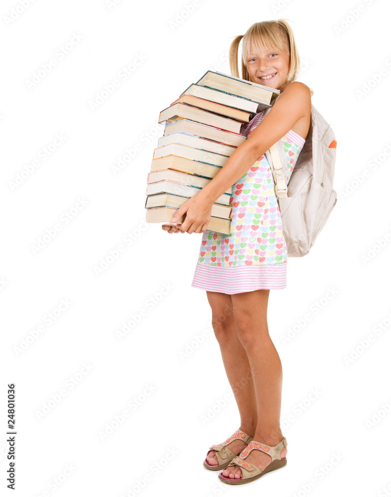 Back to School.Little Schoolgirl with heavy books Back to School.Little Schoolgirl with heavy books
