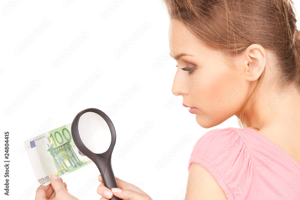 woman with magnifying glass and money woman with magnifying glass and money