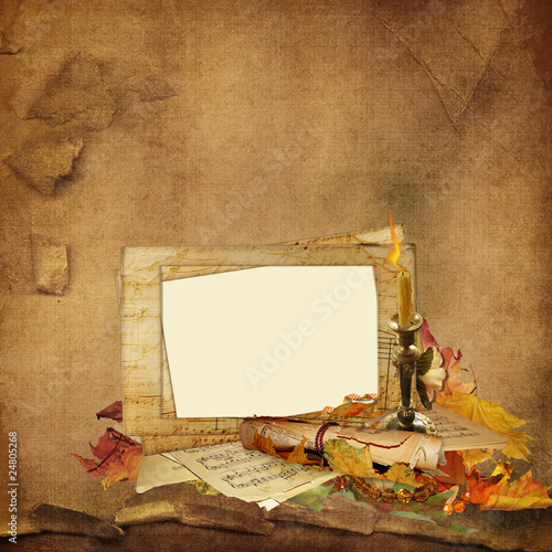 vintage autumn background with old photo frames