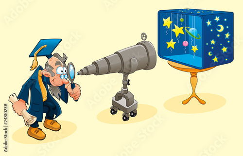 Scientist with telescope. Symbolical  vector illustration.