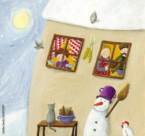 Winter scene with family countryside house