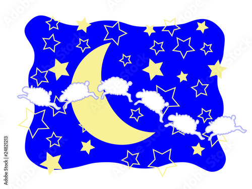 Six sheep frolicking among the crescent moon and stars.