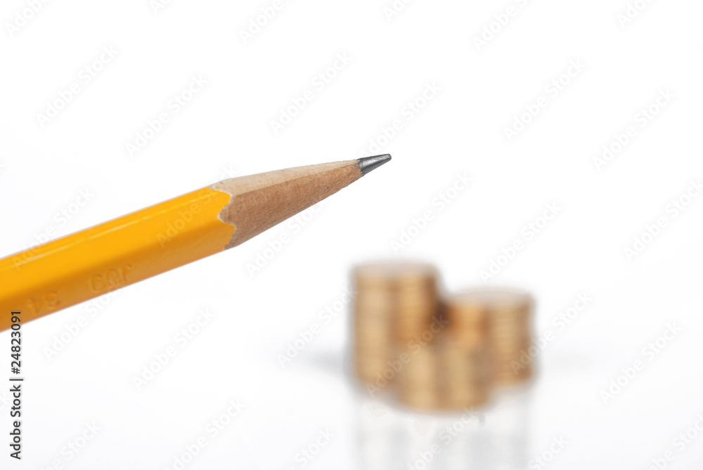pencil and coins