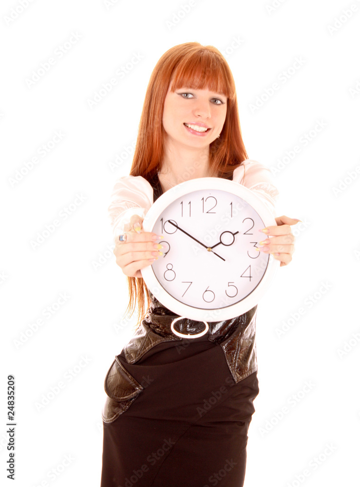 Beautiful businesswoman with clock isolated on white Beautiful businesswoman with clock isolated on white