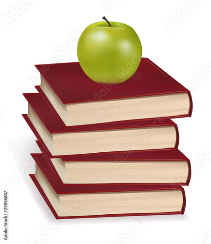 Green apple laying on the four books. Vector illustration.