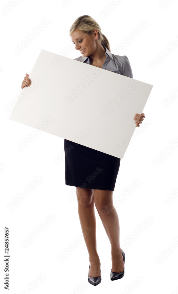 Businesswoman holding blank whiteboard sign Businesswoman holding blank whiteboard sign