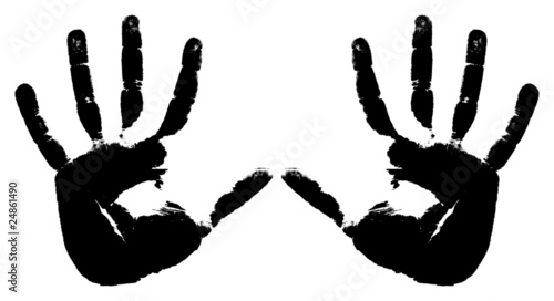 Black prints of two hands on a white background