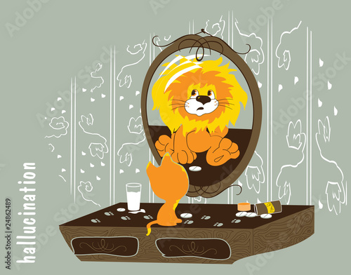 illustration of a cat hallucinating to be a lion