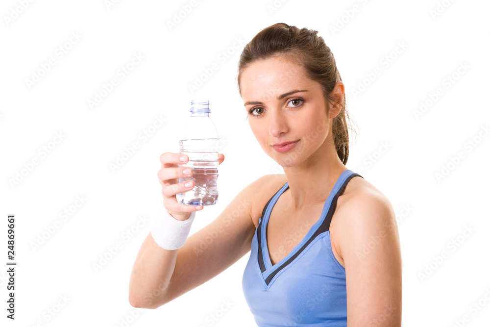 young attractive woman in fitness top holds water bottle, isolat young attractive woman in fitness top holds water bottle, isolat