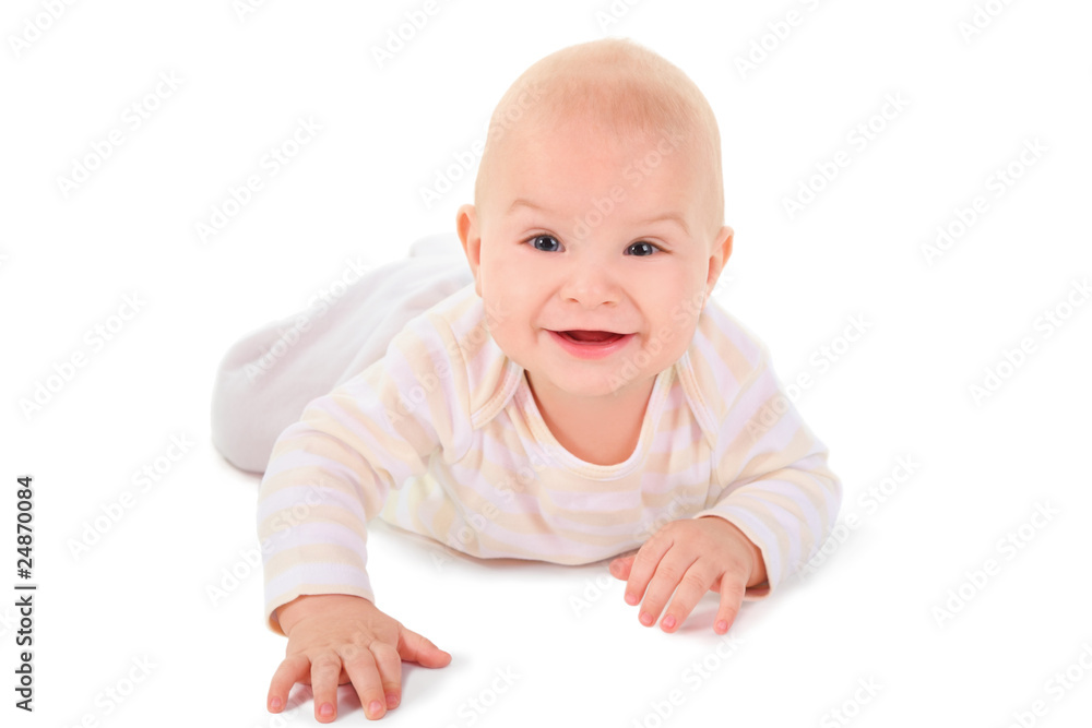 baby is creeping on all fours, looking and smiling. isolated. baby is creeping on all fours, looking and smiling. isolated.