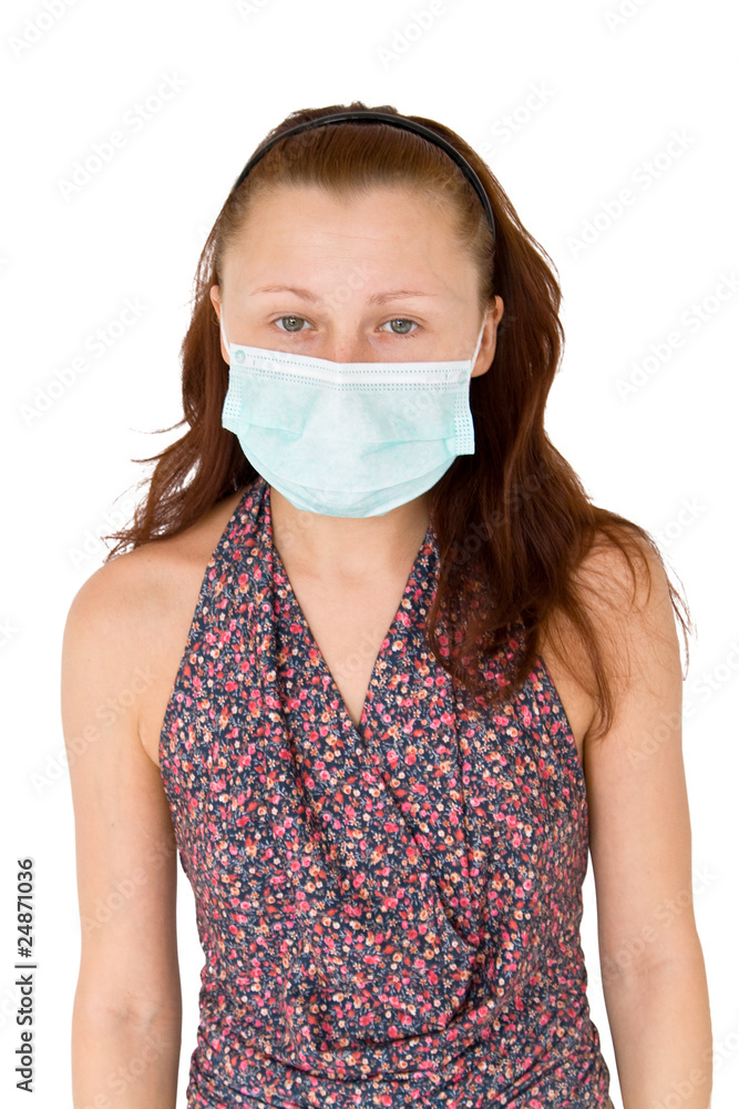 Woman With Flu Mask isolated on white